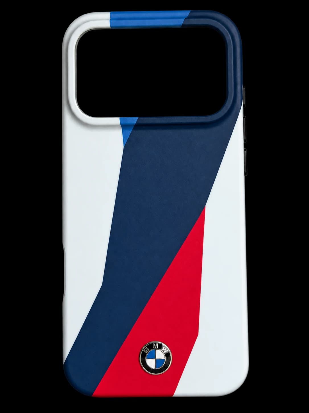 White, navy and red Motorsport case with a BMW emblem