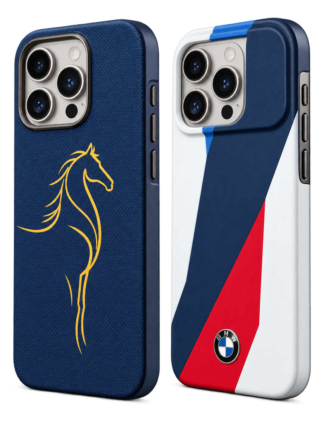 Illustrative render of two phones fitted with a navy horse case and a white, navy and red case, viewed at an angle